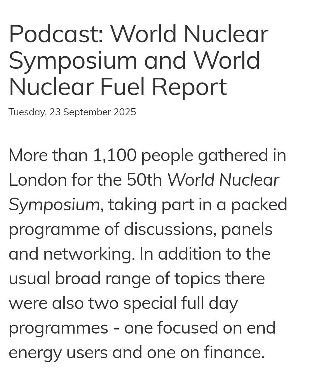 World Nuclear Symposium & world report 2025